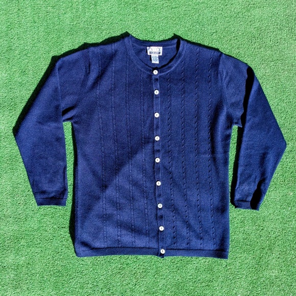 1990s Vintage Anna Gray Womens Small Navy Acrylic Cable Knit Accent Cardigan EUC - Picture 5 of 7